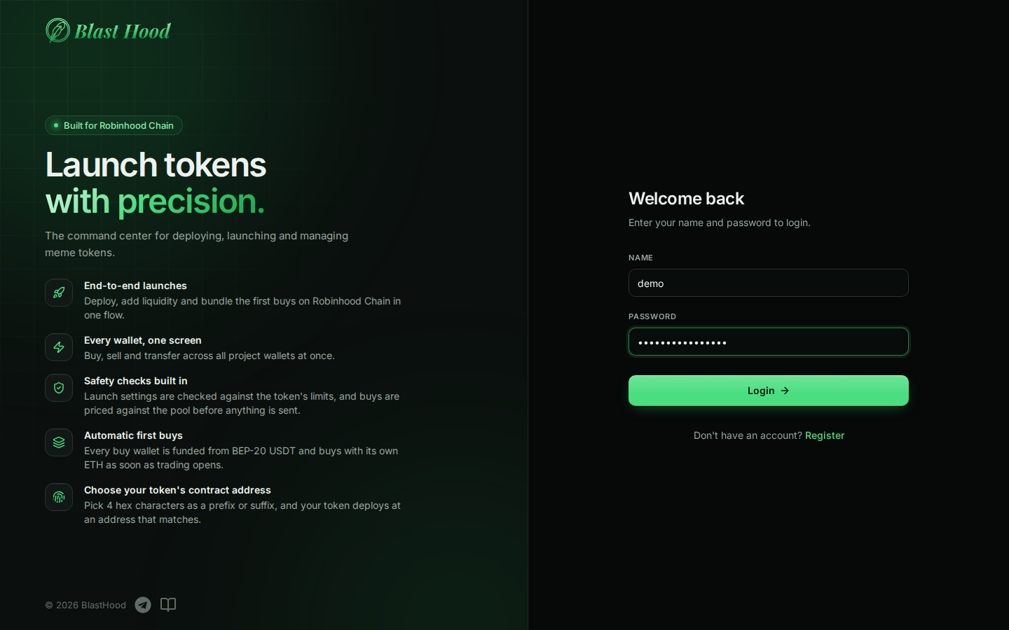 Login page: Welcome back, Name and Password filled in, a Login button and a link to Register.