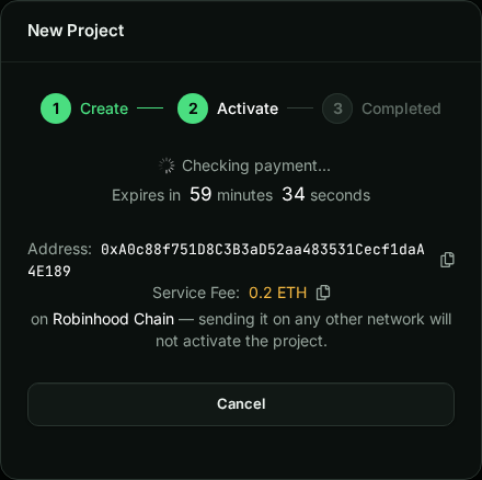 The payment step reopened from the Pay fee button for project Night Owl, with its deposit address, fee and remaining time.