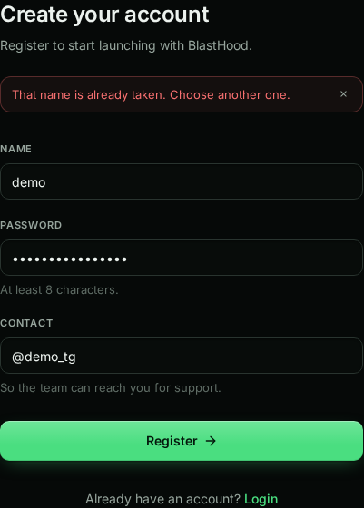 Register form with the error: That name is already taken. Choose another one.