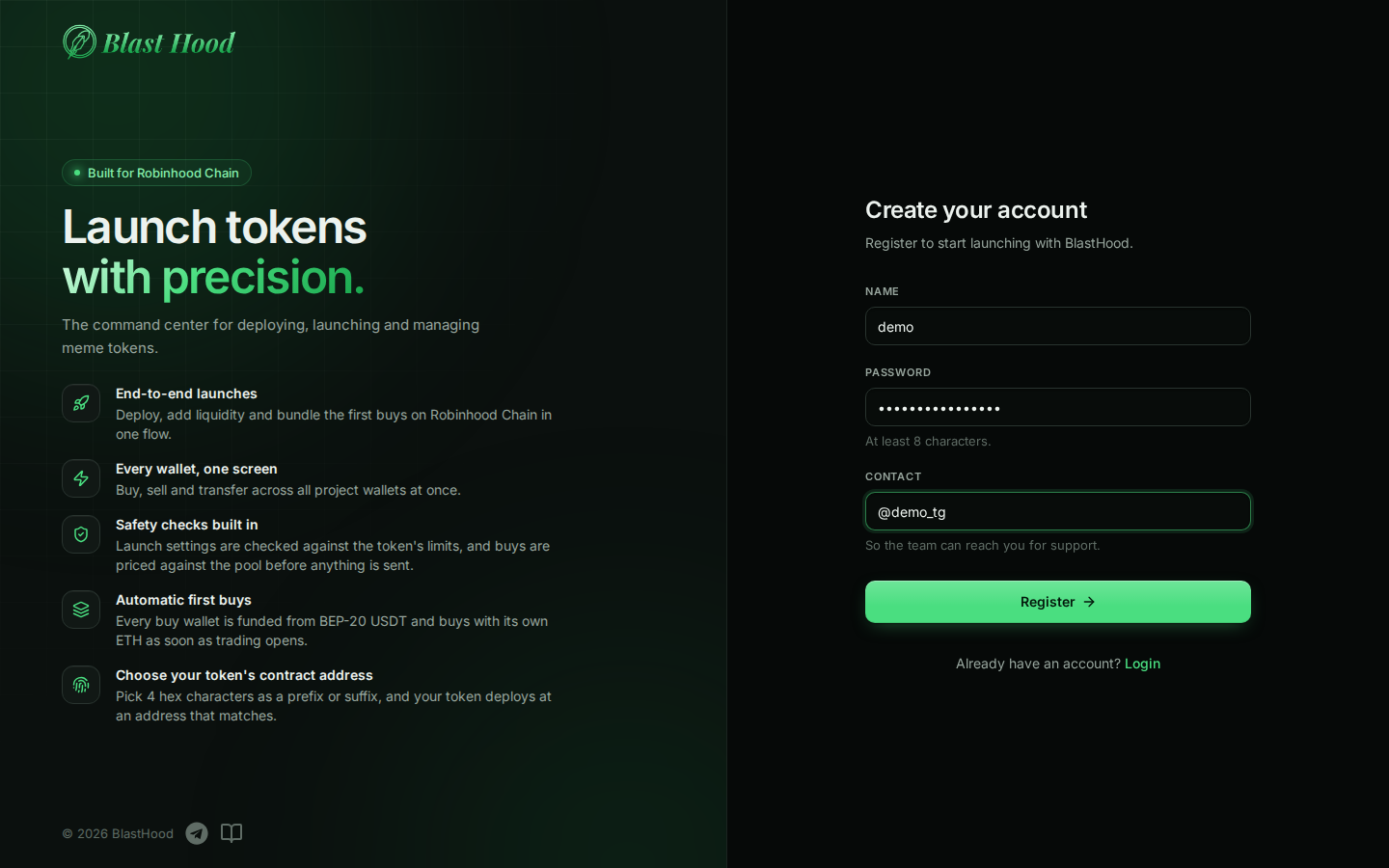 Register page: on the left the BlastHood panel with feature list, on the right the Create your account form with Name demo, a password, and Contact @demo_tg, a Register button and a link to Login.