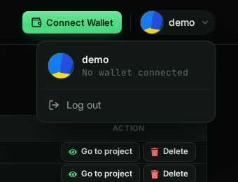Header after login: a Connect Wallet button and the avatar menu open, showing the name demo, No wallet connected, and Log out.