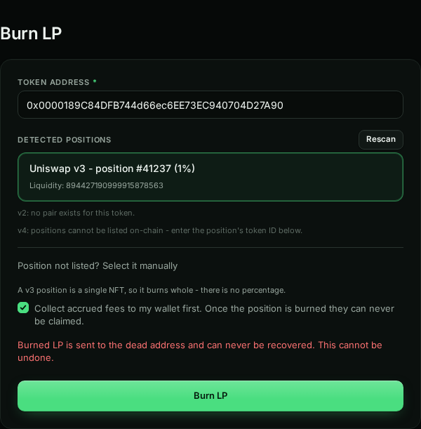 Burn LP with the DEMO address, detected position Uniswap v3 - position #41237 (1%) selected, notes that no v2 pair exists and v4 positions can't be listed, the note that a v3 position burns whole, a ticked option to collect accrued fees first, the warning that burned LP can never be recovered, and an enabled Burn LP button.