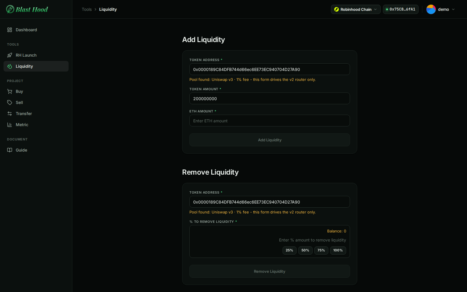 The top of the Liquidity page with a wallet connected, showing the Add Liquidity and Remove Liquidity sections.