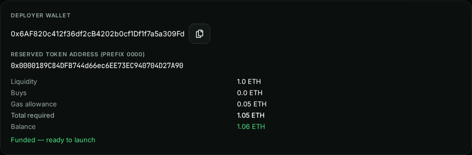 The same card once funded: Balance 1.06 ETH in green and the line Funded — ready to launch.