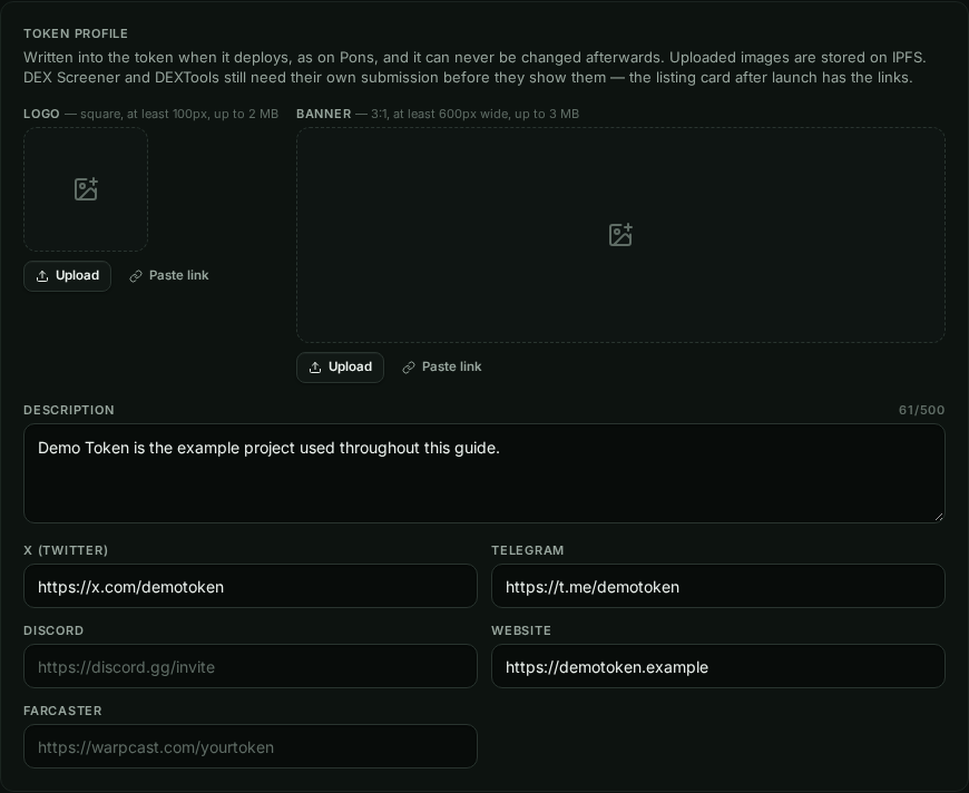 Token Profile box with empty logo and banner slots, Upload and Paste link buttons, a description of 61 of 500 characters, and X, Telegram, Discord, Website and Farcaster fields.