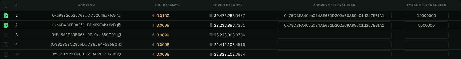 Close-up of the table: wallets 1 and 2 ticked with the recipient address and 10000000 and 5000000 in Tokens to transfer.